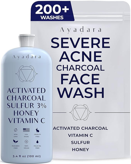 Severe Acne Charcoal Face Wash, 3.4 oz, Daily Cleanser with Sulfur and Honey, Face Cleanser for Acne, Deep Cleansing Charcoal Face Wash for Women and Men, 200 Uses