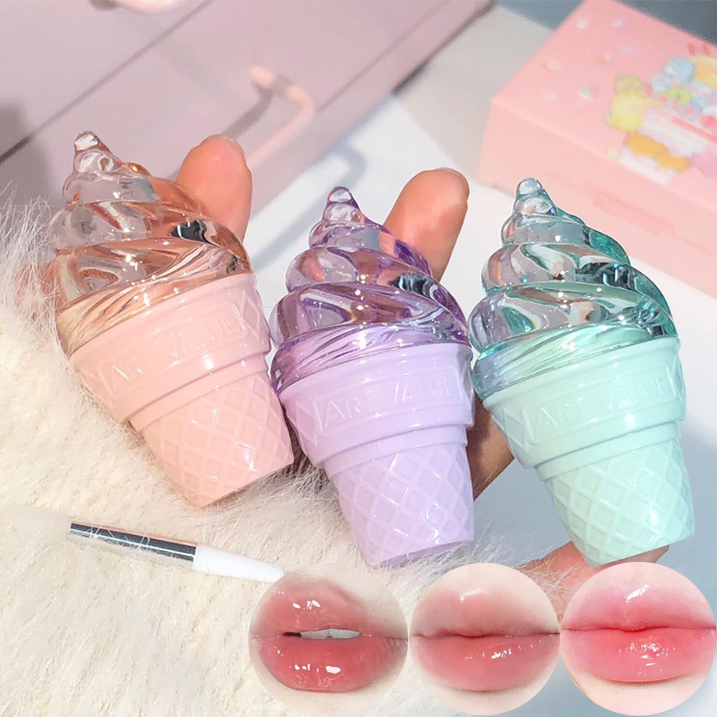 3Pcs Cute Hydrating Lip Gloss Set, Lip Sleeping Mask, Ice Cream Solid Lip Balm for Grils, Nourish Lip Care Makeup Sweet Peach/Blueberry/Green Apple Flavours