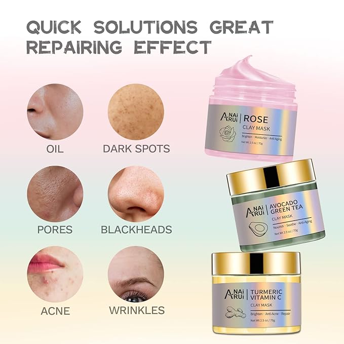 ANAI RUI Turmeric Vitamin C Clay Mask -Rose Facial Mask -Avocado Green Tea Mud Mask,Facial Mask Skincare for Deep Cleansing,Purify Pores, SPA Mask Set, Facial Mask Set Gifts Set 2.5 oz each
