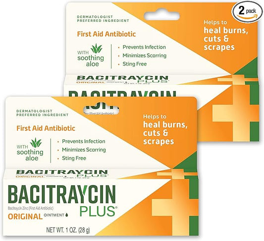 Bacitraycin Plus First Aid Antibiotic Wound Healing Ointment for Minor Cuts, Scrapes and Burns, with Bacitracin Zinc and Moisturizing Aloe Vera, Original, 1 oz, 2 Pack