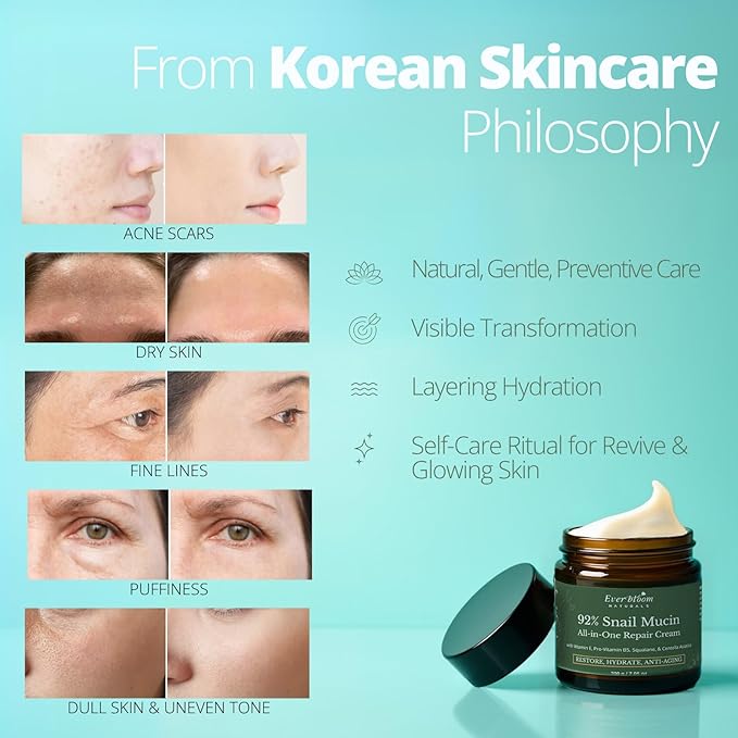 92% Snail Mucin Face Moisturizer Cream Large 7oz with Centella Asiatica, Squalane & Vitamin E, Lightweight Hydrating Korean Skin Care, Repair Cream for Dull Skin, Fine Lines, Acne Sensitive Skin, CICA