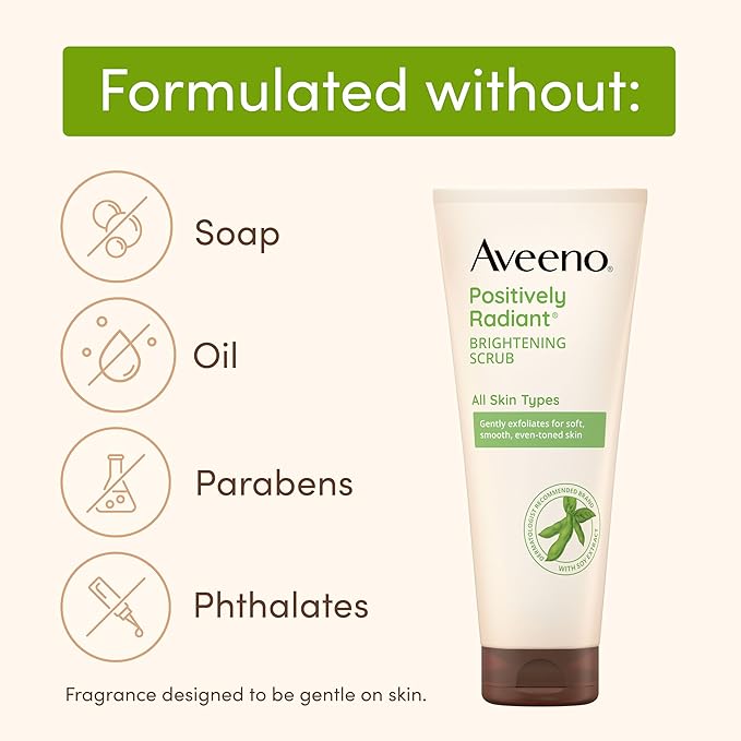 Aveeno Positively Radiant Brightening Face Scrub & Exfoliating Daily Face Wash, Moisture-Rich Soy Extract, Oil-Free, Soap-Free, Hypoallergenic, Non-Comedogenic, Improves Tone & Texture, 7 oz