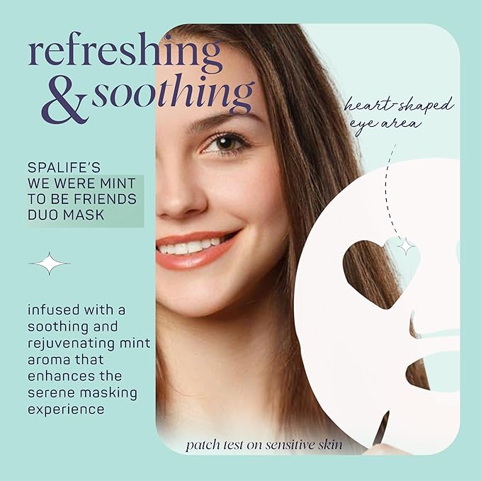 SpaLife We Were Mint to be Friends Duo Minty Facial Masks Set 2-pack - Hydrating, Soothing, and Moisturizing with Natural Mint Scent - Facial Sheet Mask Skin Care - Perfect Valentine Gift Set