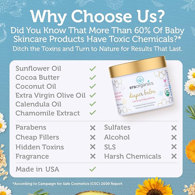 Era Organics Baby Diaper Balm - USDA Organic Ointment Cream Extra Soothing and Nourishing for Dry, Sensitive Skin - All Natural to Help Excess Moisture, Rash or Chafing