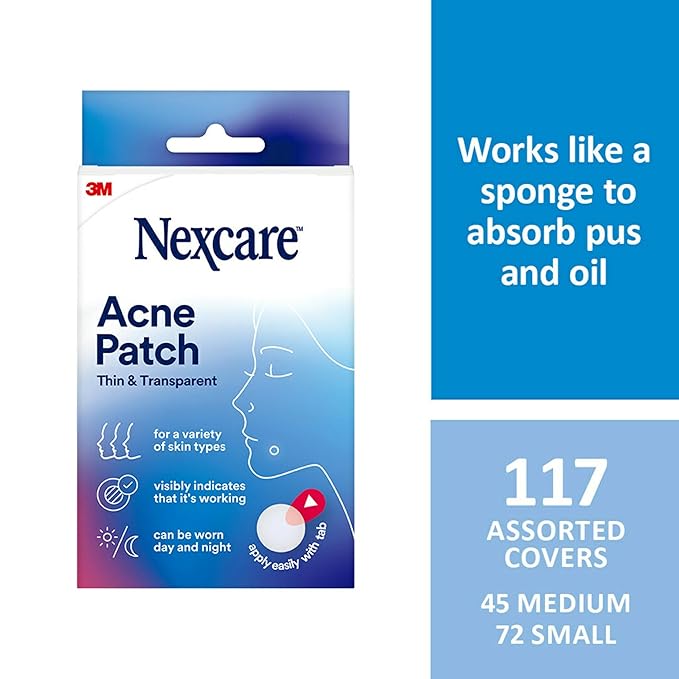 Nexcare Thin and Transparent Acne Patch, Skin Cover Absorbs Pus and Oil from Clogged Pores, Made with hydrocolloid, tab Allows for Easy Removal from Liner - 117 Pimple Patches