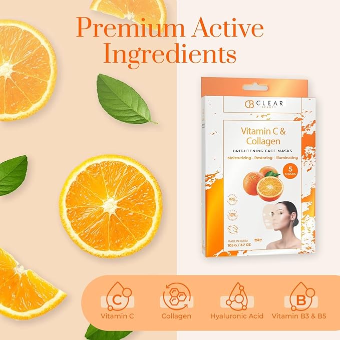Vitamin C & Collagen Face Mask - Dermatologist Tested - Diminishes Fine Lines & Wrinkles, Anti-Aging, Natural Ingredients, Cruelty-Free Korean Skin Care - All Skin Types