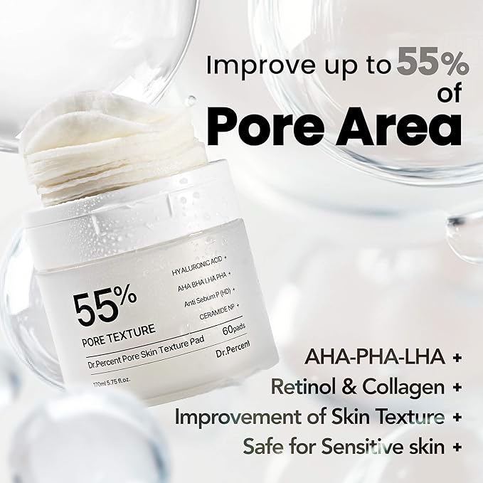 Pore 55% Skin Texure Pad – AHA BHA LHA, Retinol & Rice Extract for Enlarged Pores, Textured Skin, Sebum Control, Exfoliating Toner Pads for Glass Skin, Non-Irritating, Korean Skincare(60ct)