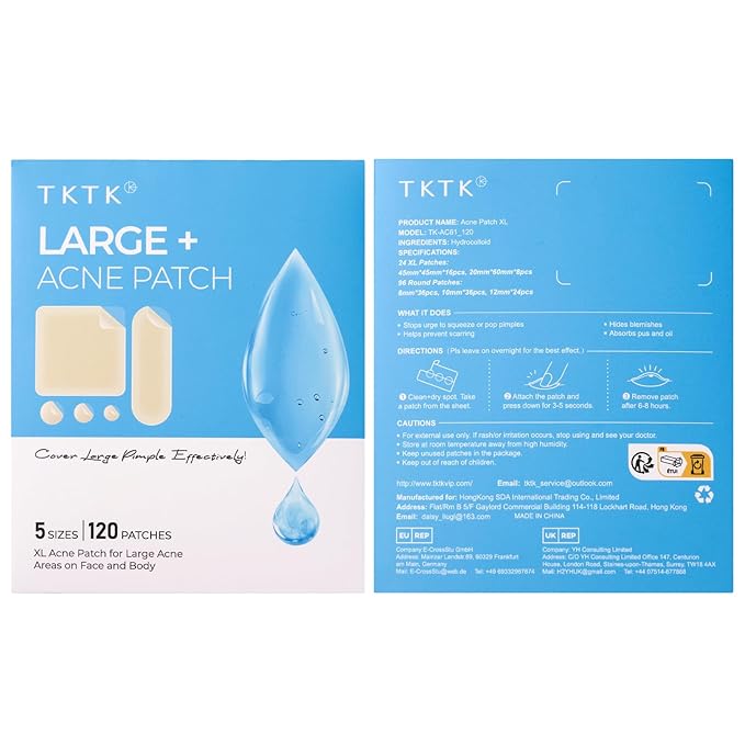 TKTK Hydrocolloid Bandages, 45 x 45 mm Large Pimple Patches for Face, XL Acne Patches for Body, Back, Forehead, Cheek Zit Breakouts, Big Hydrocolloid Patch (Square, Strip, Dot 5 Sizes 120 Count)
