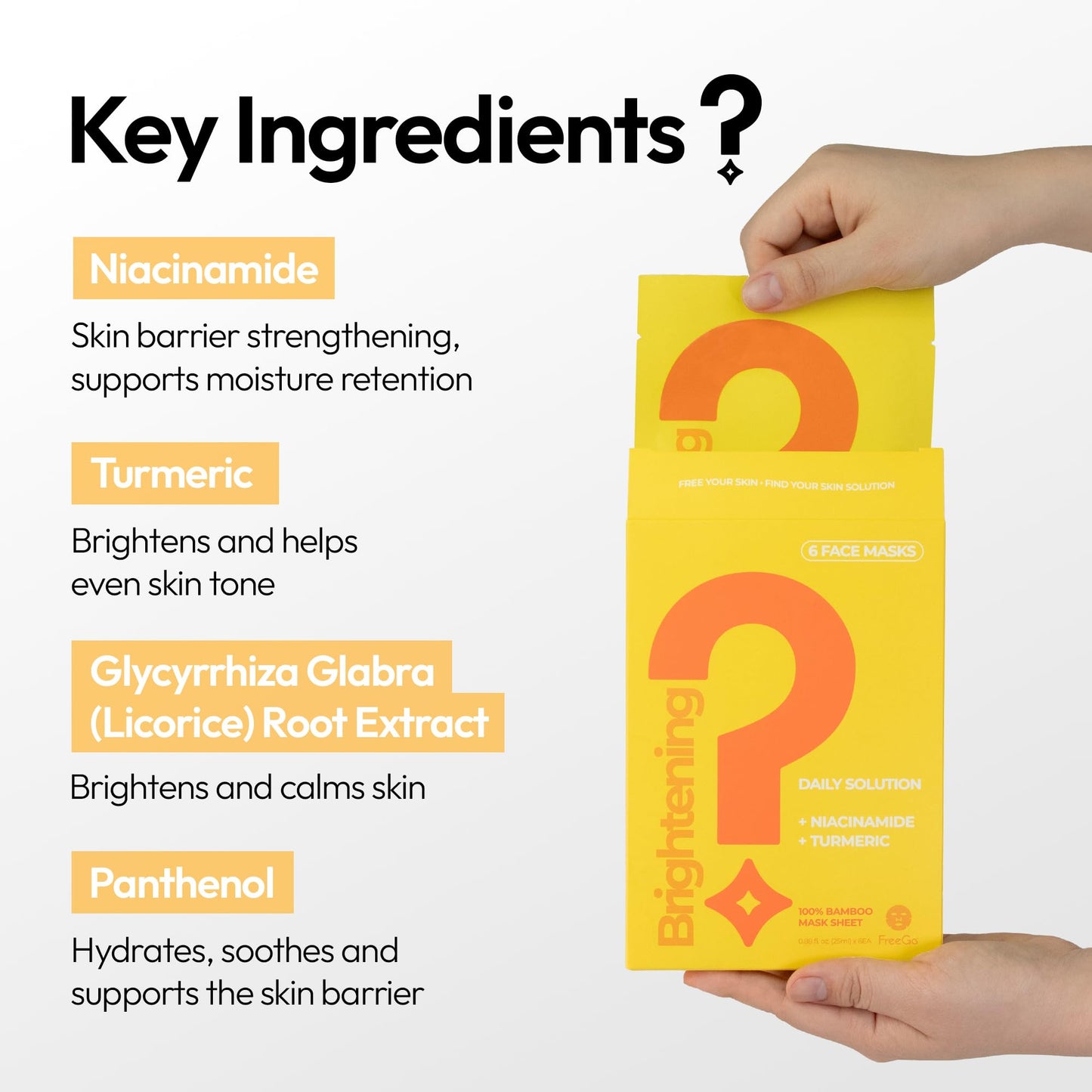 FreeGo Brightening Daily Solution Niacinamide Turmeric Facial Mask Sheet (6-Pack) | K-Beauty Skincare to Glowy Glass Skin