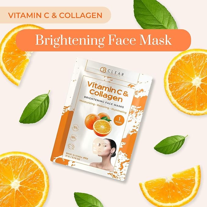Vitamin C & Collagen Face Mask - Dermatologist Tested - Diminishes Fine Lines & Wrinkles, Anti-Aging, Natural Ingredients, Cruelty-Free Korean Skin Care - All Skin Types