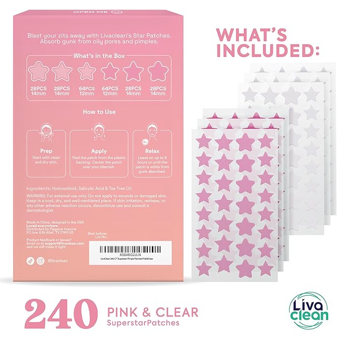 LivaClean Star Blemish Patches (240CT) - Salicylic Acid & Tea Tree Oil, Clear & Pink Pimple Patch Cute, Acne Star, Cute Pimple Skincare, Patches for Face, Blemish Patch