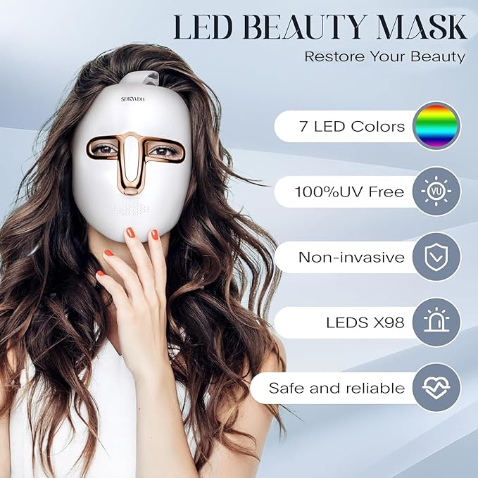 Red Light Therapy Mask for Face, Led Face Mask Light Therapy, 7 Colors LED Facial Skin Care at Home, Gold