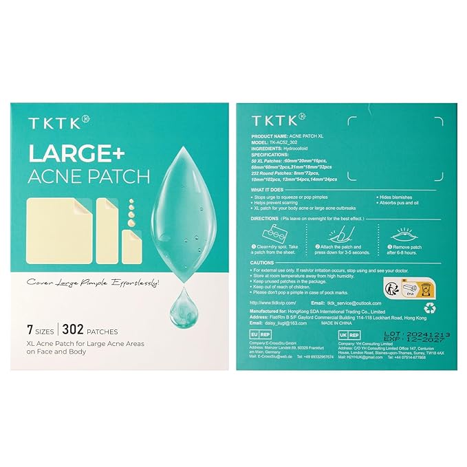 TKTK Large Pimple Patches for Face, 7 Sizes XL Acne Patches, Big Hydrocolloid Bandages for Body, Chin, Forehead, Chest, Back Zit Breakouts, Hydrocolloid Patch (Strip, Square, Dot 302 Count)