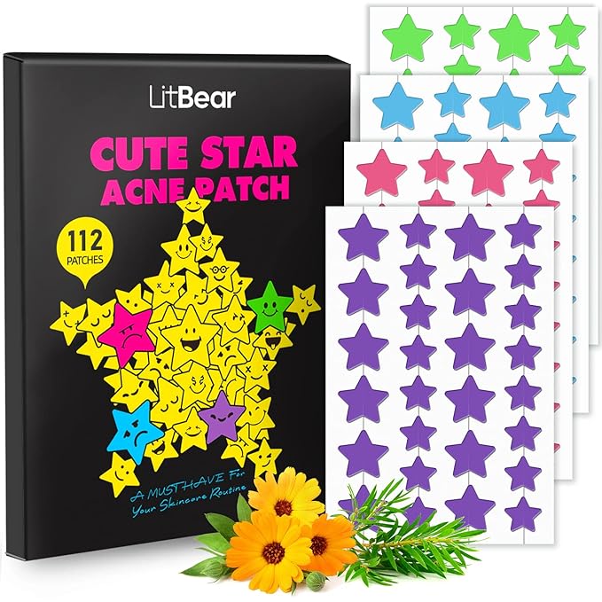 LitBear Acne Patch Pimple Patch, Colorful Star Hydrocolloid Acne Patches For Face, Cute Zit Patch Acne Sticker Spot Pimple Patches for Face, Tea Tree Oil + Centella (112 Count)