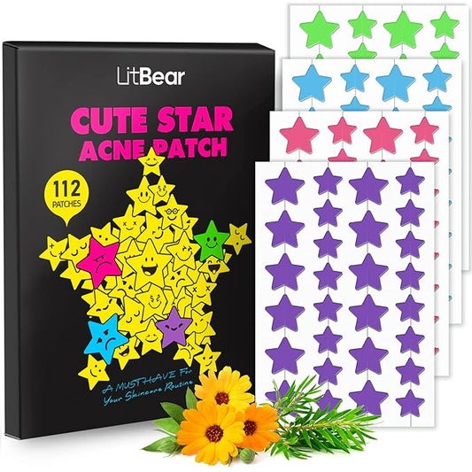 LitBear Acne Patch Pimple Patch, Colorful Star Hydrocolloid Acne Patches For Face, Cute Zit Patch Acne Sticker Spot Pimple Patches for Face, Tea Tree Oil + Centella (112 Count)