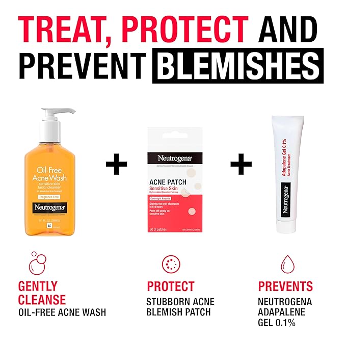 Neutrogena Sensitive Skin Blemish Patches, Acne Patches for Sensitive Skin, Hydrocolloid Treatment Visibly Shrinks Pimples Overnight, 2 Sizes, 30 Count