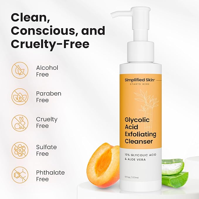 Simplified Skin Glycolic Acid Face Wash - Exfoliating Facewash - with Aloe Vera, Sunflower Seed Oil, Ginger, & Apricot - Cleanse & Nourish with Glycolic Acid Cleanser - 6 Fl Oz