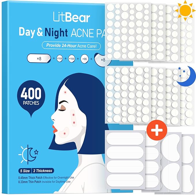 LitBear Pimple Patches for Face, 400 Counts Day and Night Acne Patches, Hydrocolloid Patches for Covering Zit and Blemishes, Large Breakouts, 5 Sizes Thin & Thick Spot Dots Stickers for Chin, Forehead