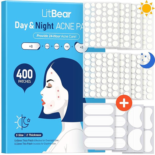 LitBear Pimple Patches for Face, 400 Counts Day and Night Acne Patches, Hydrocolloid Patches for Covering Zit and Blemishes, Large Breakouts, 5 Sizes Thin & Thick Spot Dots Stickers for Chin, Forehead