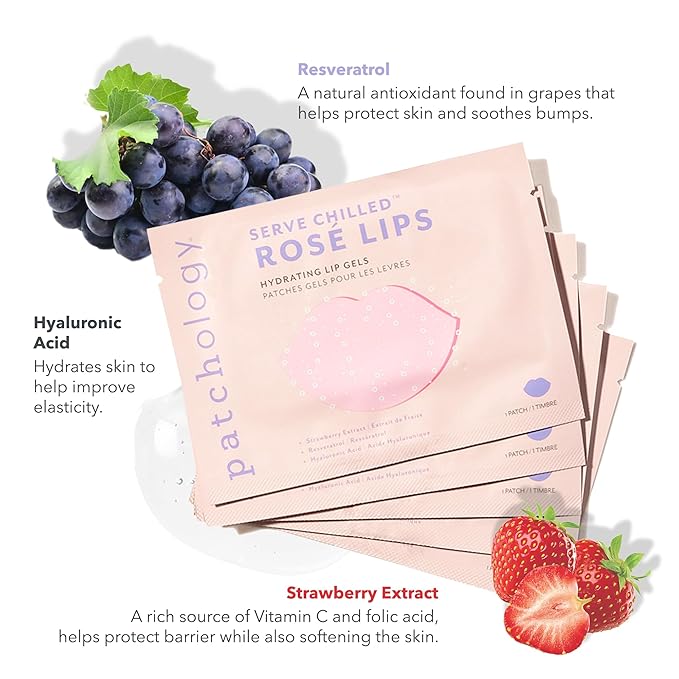 Patchology Rosé Gel Lip Mask - Overnight Lip Sleeping Mask with Resveratrol & Hyaluronic Acid for Moisturizing & Hydrating Dry Lips - Strawberry Scented Lip Care Solution (5 Count)