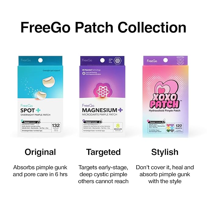FreeGo XOXO Hydrocolloid Pimple Patch, 120 Counts | Cute Colorful Heart Shape | Salicylic Acid, Niacinamide, CICA, Tea Tree, Eucalyptus | Absorb, Heal Pimple and Protect Skin