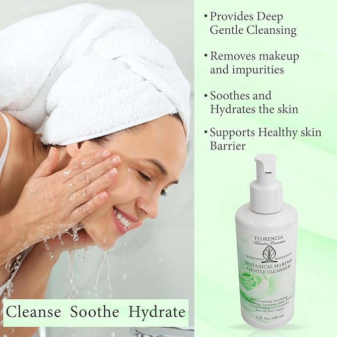 Florencia Botanical Marine Gentle Cleanser - Non-Foaming, Soap-Free, Hydrating Oil-Free Face Wash for Dry to Normal Skin - With Marine Algae & Organic Botanicals - Sensitive Skin, 6 oz