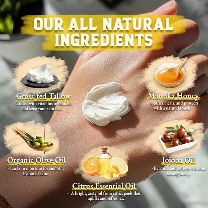 Wrath & Remedy Handmade Whipped Organic Beef Tallow for Skin - 4 OZ (Citrus) — Grass Fed Beef Tallow Moisturizer and Honey Balm for Silky, Sensitive-Skin, Eczema, Rosacea - Free of Harsh Chemicals