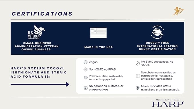 HARP pH balanced Exfoliating body wash bar. 100% Syndet, soap-free. pH 5.0-6.0. Shea-butter moisturizing. Bamboo powder exfoliant-the perfect consistency. FRAGRANCE/fragrance masking agent FREE.