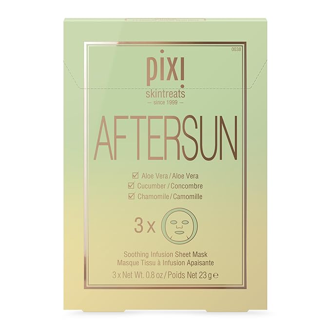 Pixi Beauty Aftersun Sheet Mask, Instant Calming & Soothing Skin Treatment, Aloe Vera, Cucumber & Chamomile Cooling Mask, 3 Masks Per Box 3 x 0.80 oz / 23 gm