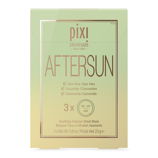 Pixi Beauty Aftersun Sheet Mask, Instant Calming & Soothing Skin Treatment, Aloe Vera, Cucumber & Chamomile Cooling Mask, 3 Masks Per Box 3 x 0.80 oz / 23 gm