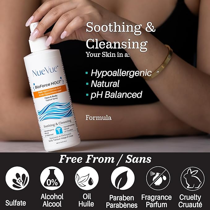 BioForce HOCl - Pure Hypochlorous Acid Spray for Face & Body - Acne-Prone Skin & Eczema, Piercing aftercare, Made in Canada, Gentle Skin Cleanser & Toner, pH Balanced, Non-comedogenic - NueVue (8.2oz)