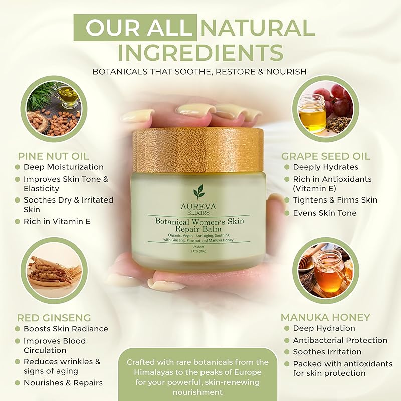 Botanical womanβs skin repair balm β Anti-Aging Moisturizer for Face, Body, Neck & DΓ©colletΓ© β Soothes Redness, Dryness, Itchy Skin β Calendula, Chamomile, Ginseng β 2oz Unscented