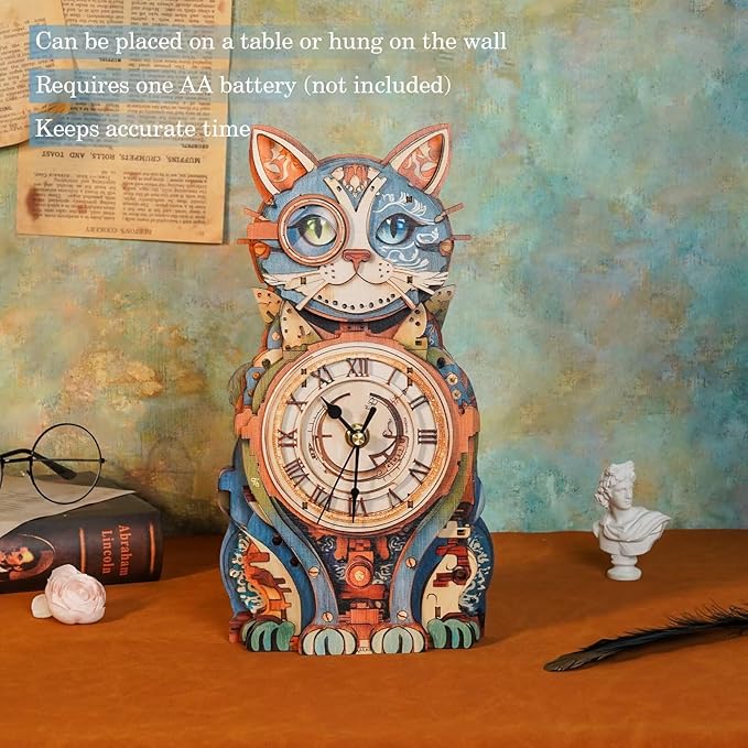 3D Puzzles for Adults, Cute Cat Wall Clock 3D Wooden Puzzles Clock Kits for DIY Birthday Gift for Women Men Home Decor Holiday Christmas