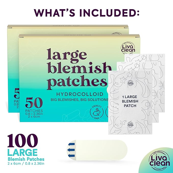 LivaClean LC πππ ππ, π ππππ€ Large Hydrocolloid Acne Patches - for Pore Spots Nose Face Cystic Pimple Zit Patch - Big Pimple Patches Hydrocolloid Bandages Strips Stickers Patch XL Large Acne