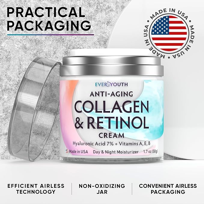 Collagen Cream for Face, Neck & Décolleté, Anti Aging Facial Moisturizer for Women with Hyaluronic Acid, Vitamin E, Made in USA, Anti Wrinkle Face Cream, Neck Creams for Tightening and Firming, 1.7oz