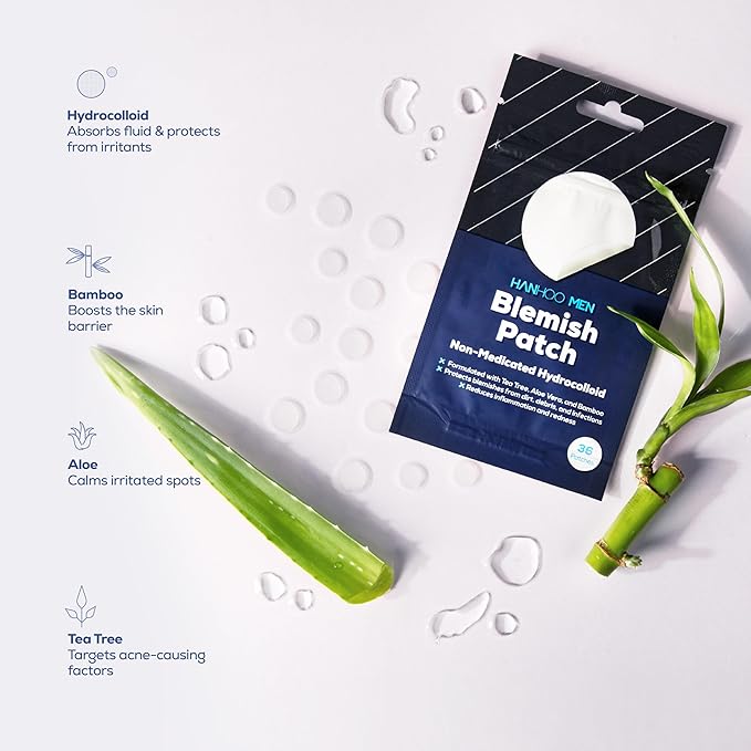 Hanhoo Men’s Blemish Patch, 36 Count, with Tea Tree, Aloe, and Bamboo, Acne Spot Treatment, Soothes Skin, Invisible Pimple Patches, Korean Skincare