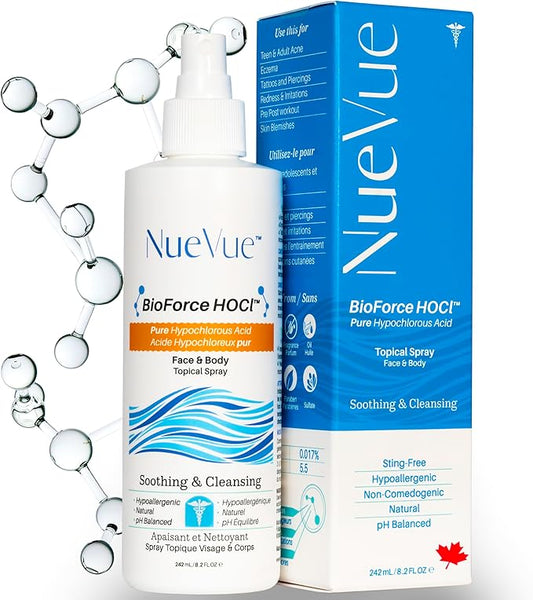 BioForce HOCl - Pure Hypochlorous Acid Spray for Face & Body - Acne-Prone Skin & Eczema, Piercing aftercare, Made in Canada, Gentle Skin Cleanser & Toner, pH Balanced, Non-comedogenic - NueVue (8.2oz)