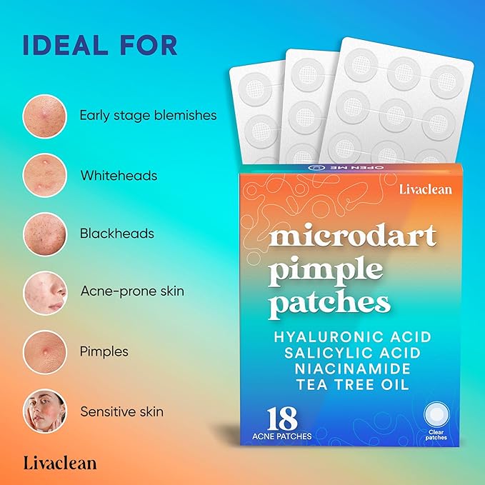 LivaClean 18 CT Microdart Acne Patch – Pimple Patches with Salicylic Acid & Tea Tree Oil – Dark Spot Patches for Face, Blemish Dots, Deep Pimple Patch, Salicylic and Hyaluronic Acid