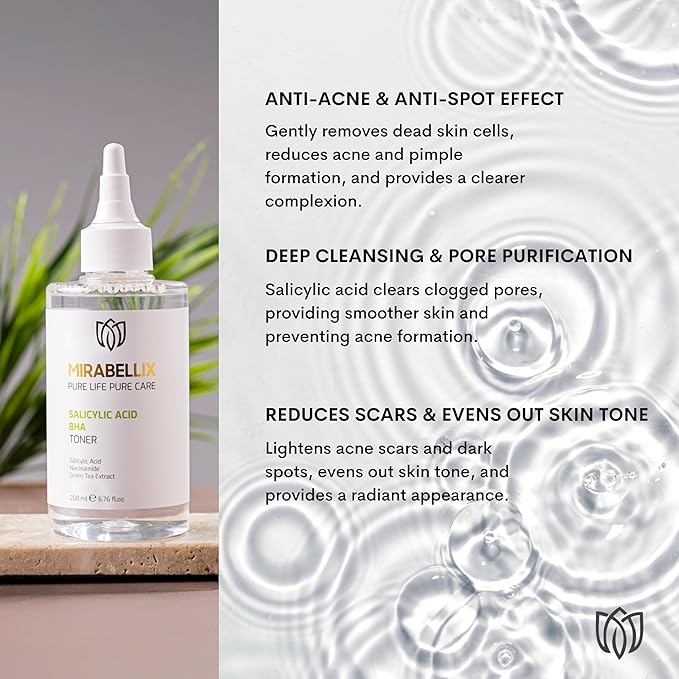 Salicylic Acid BHA Toner for Oily & Acne-Prone Skin | Niacinamide, Green Tea & Willow Bark Extract for Blackhead Removal, Pore Cleansing & Even Skin Tone | 200ml