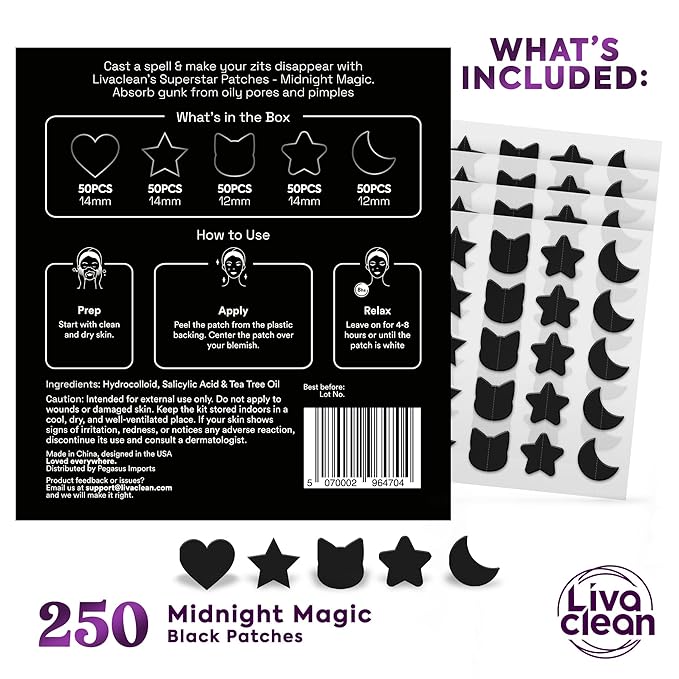 LivaClean 250CT Black Star Pimple Patches Midnight Magic w/Salicylic Acid & Tea Tree Oil - Pimple Patches for Face, Hydrocolloid Acne Patch, Cute Face Stickers, Zit Patch