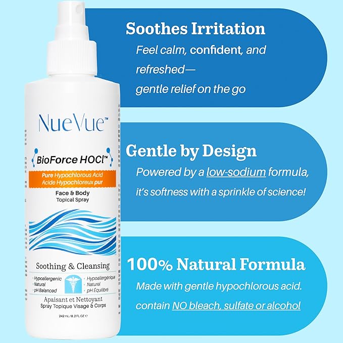 BioForce HOCl - Pure Hypochlorous Acid Spray for Face & Body - Acne-Prone Skin & Eczema, Piercing aftercare, Made in Canada, Gentle Skin Cleanser & Toner, pH Balanced, Non-comedogenic - NueVue (8.2oz)