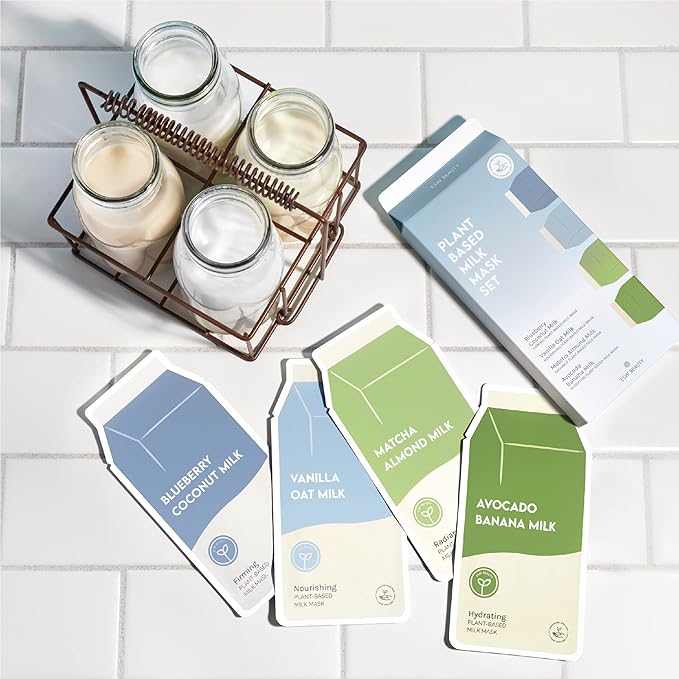ESW Beauty Plant-Based Milk Face Masks - 4-Pack Variety Set - Hydrating, Radiance, Firming & Soothing with Avocado, Matcha, Blueberry, Vanilla & Oat Extracts for All Skin Types