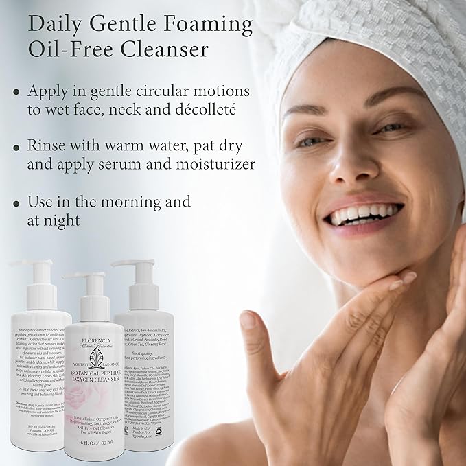 Florencia Botanical Peptide Oxygen Cleanser - Oil-Free Daily Foaming Gel Face Wash for Dry, Oily, or Sensitive Skin - With Peptides, Botanicals, Glycoproteins - Revitalizing Cleanser, 6 oz