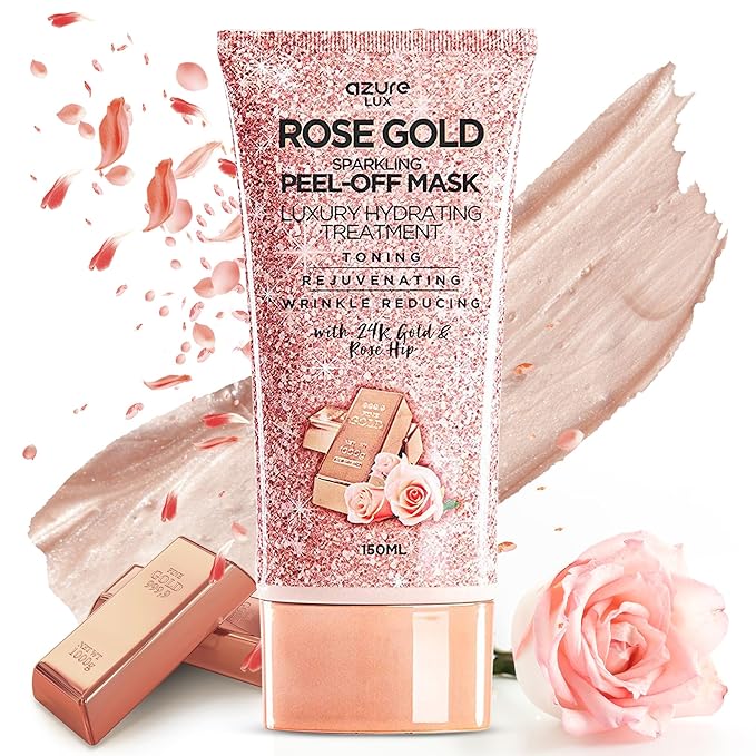 Azure Cosmetics Rose Gold Sparkling Peel-Off Face Mask โ Luxury Hydrating & Firming Skincare with 24K Gold & Rose Hip Oil โ Helps Reduce Fine Lines, Tone Skin & Improve Texture โ 150 ml