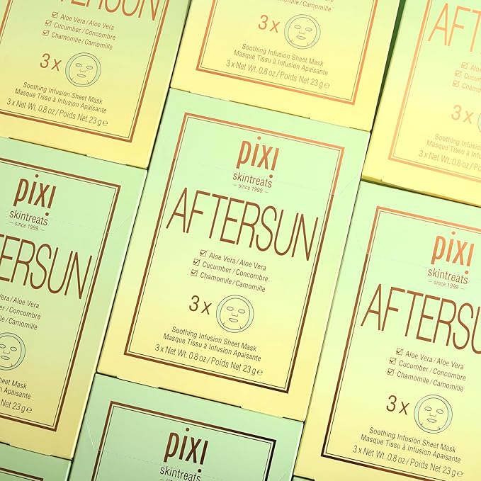 Pixi Beauty Aftersun Sheet Mask, Instant Calming & Soothing Skin Treatment, Aloe Vera, Cucumber & Chamomile Cooling Mask, 3 Masks Per Box 3 x 0.80 oz / 23 gm