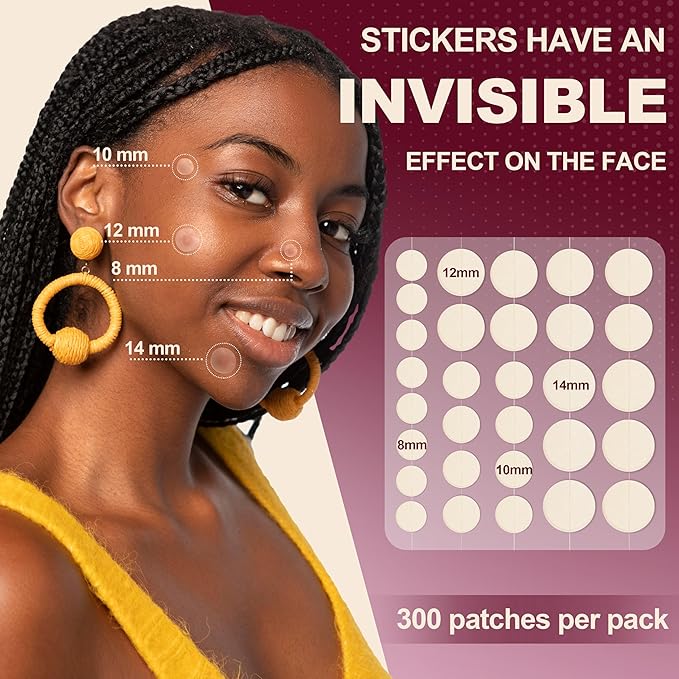 Pimple Patches for Face (300 Counts), Hydrocolloid Acne Patches for Face, Covering Blemishes, Invisible Pimple Patches, Round Shape Zit Covers, Not Tested on Animals, 4 Sizes