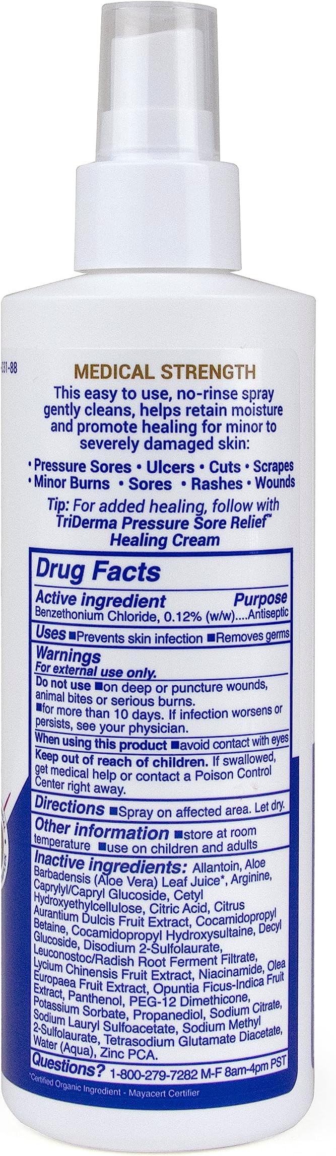 TriDerma Pressure Sore Relief Wound Cleanser, Gentle Cleansing for Bed Sores, Ulcers, Pressure Sores, Wounds and Hard-to-Heal Skin Sores with AP4 Aloe Vera and Niacinamide, Fragrance Free 8.2 oz Spray