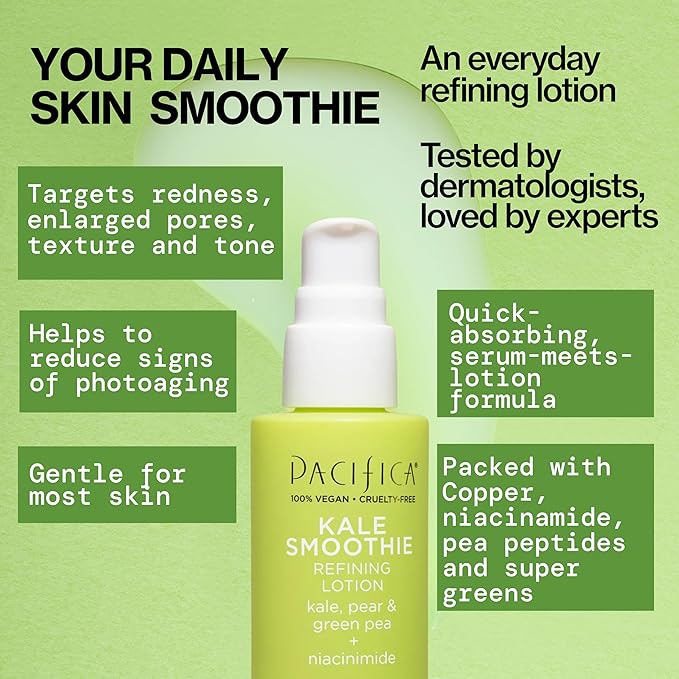 Pacifica Kale Smoothie Face Lotion, Refining Skincare, Face Moisturizer, Niacinamide, Vitamin C and E, Minimize Pores, Face Serum, For All Skin Types, Oily, Combination, Vegan, 1.7 fl oz (1 Count
