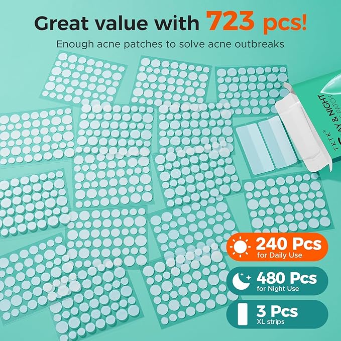 TKTK Bulk Pimple Patches for Face, 723 Patches 4 Size Acne Patches Day and Night, Hydrocolloid Patch Thin & Thick Pimple Stickers for Covering Zits, Blemishes and Breakouts