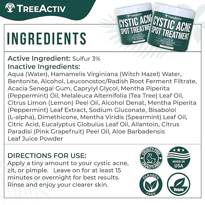 TreeActiv Cystic Acne Spot Treatment, Hormonal & Overnight Sulfur Cystic Treatment For Face, Pimples, and Blemishes for Adults, Men, and Women - 0.5oz 120+ Uses